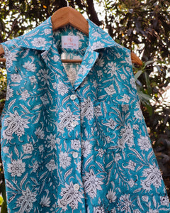 Teal Floral Cutsleeves Shirt